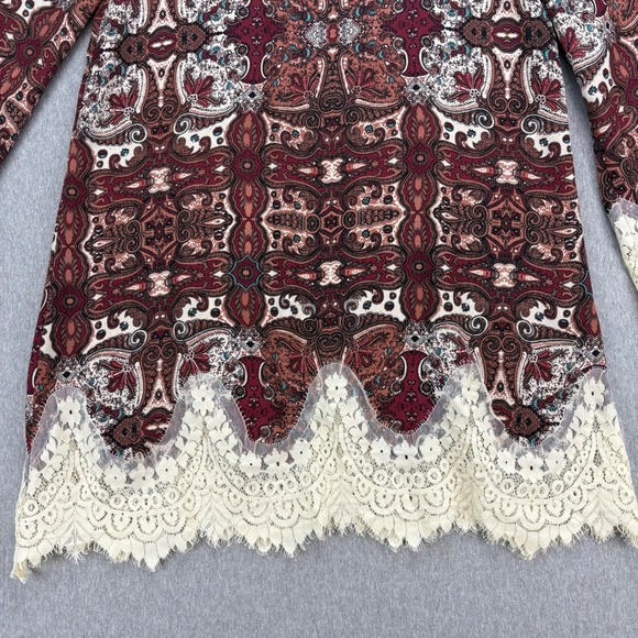 Blu Pepper Dress Womens M Burgundy Cream BOHO Vintage Lace Trim Bell Long Sleeve - Picture 4 of 14